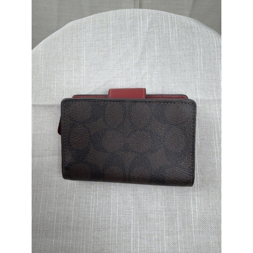 Coach Wallet Womens One Size Brown Red Signature Logo Zip Around Bifold Leather - Picture 4 of 12